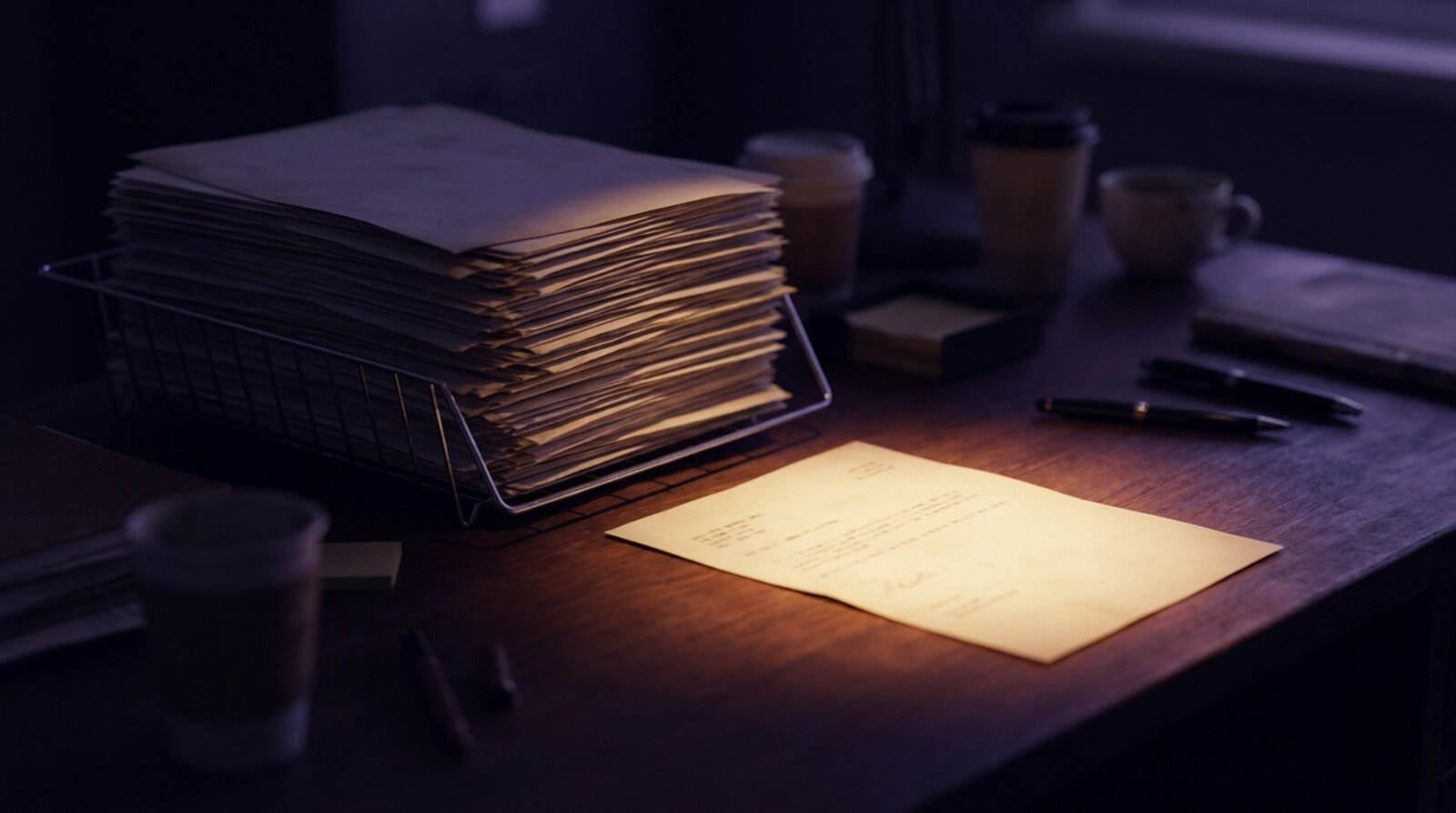 A document tray holding a thick stack of papers in shadow, with one single sheet in front of it lit by a narrow warm spotlight
