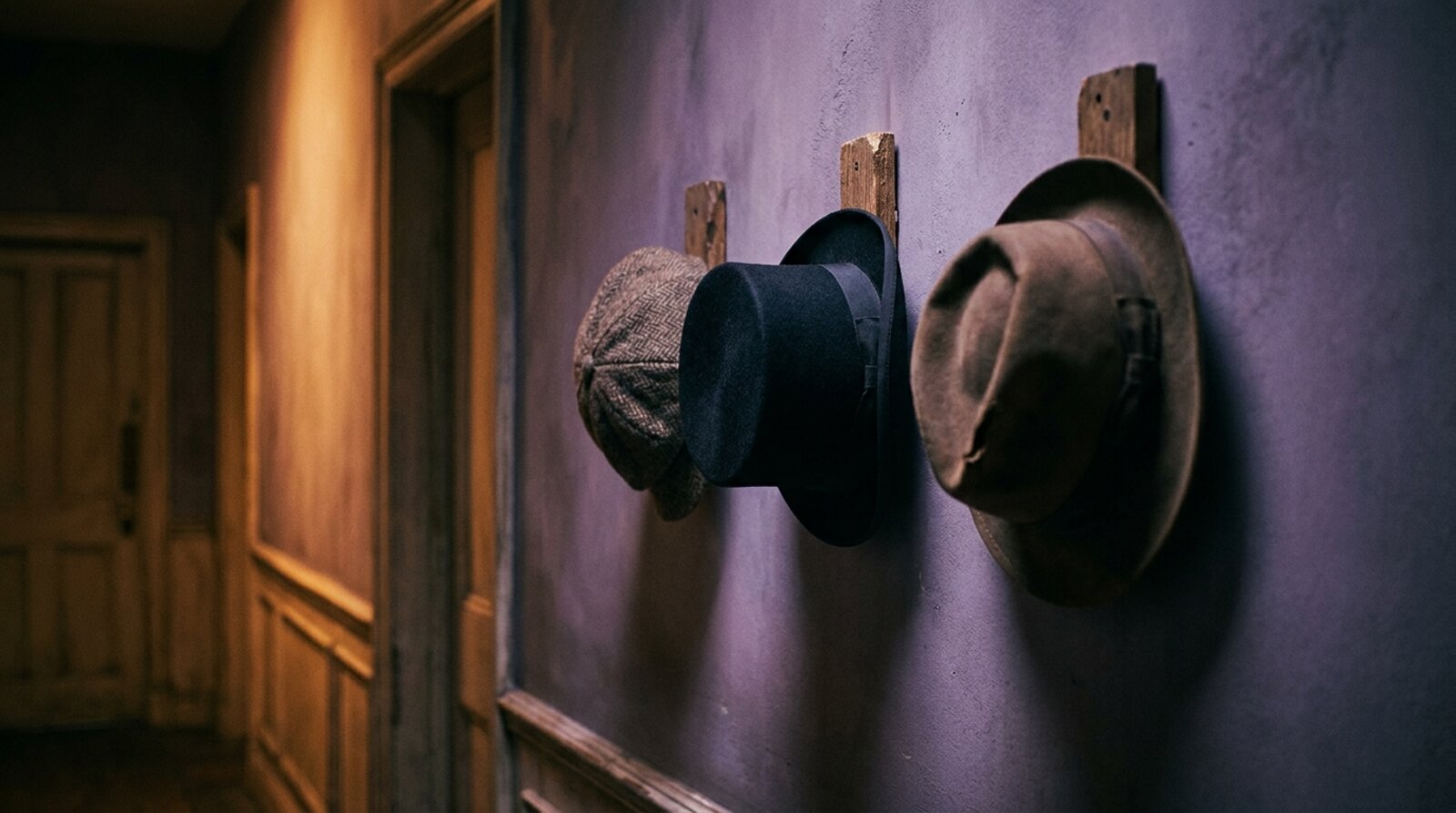 Three different hats hanging side by side on separate wooden hooks in a dim hallway