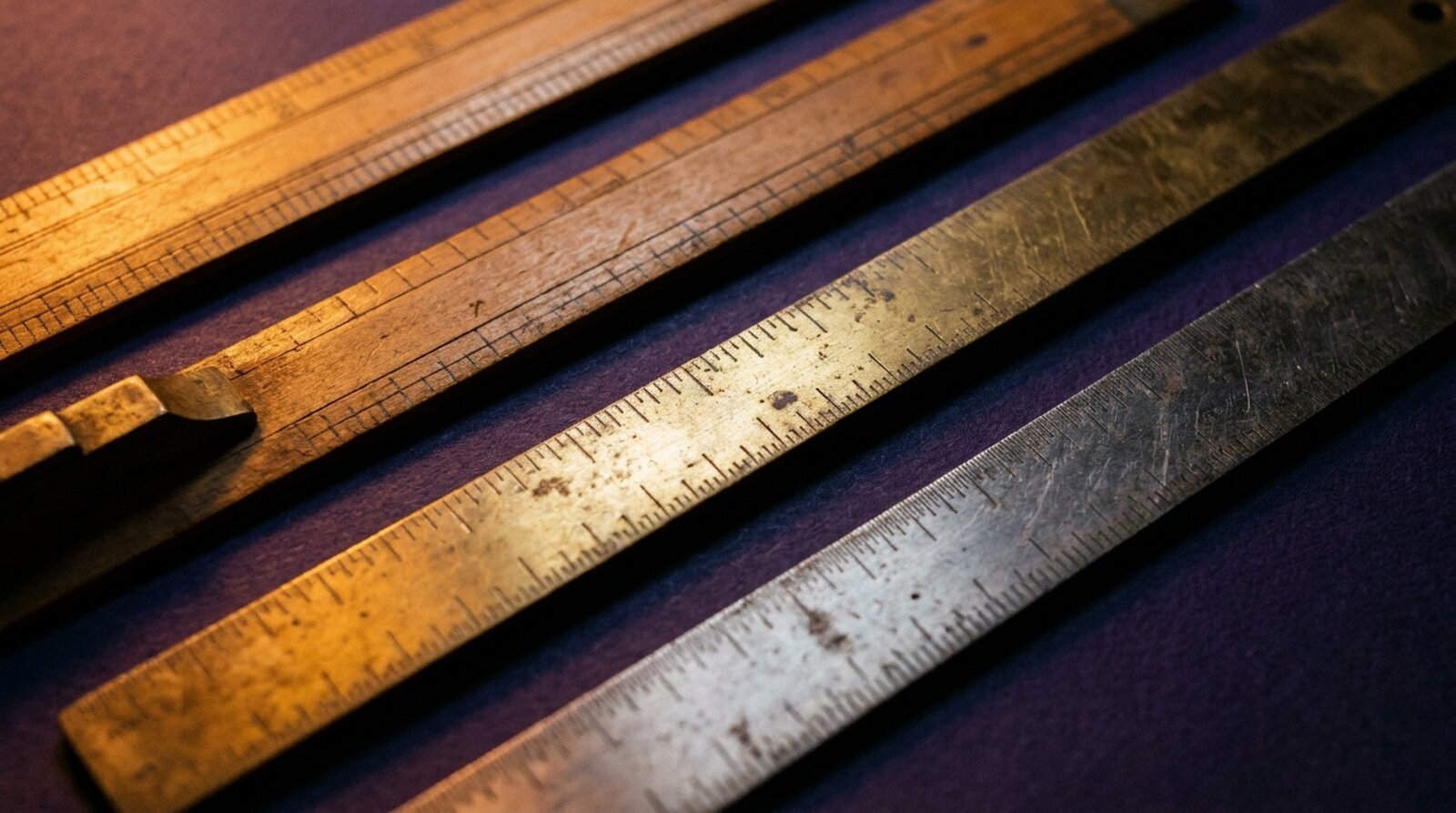 Four old measuring rulers of different materials laid side by side, their graduated scales visibly not aligning with one another