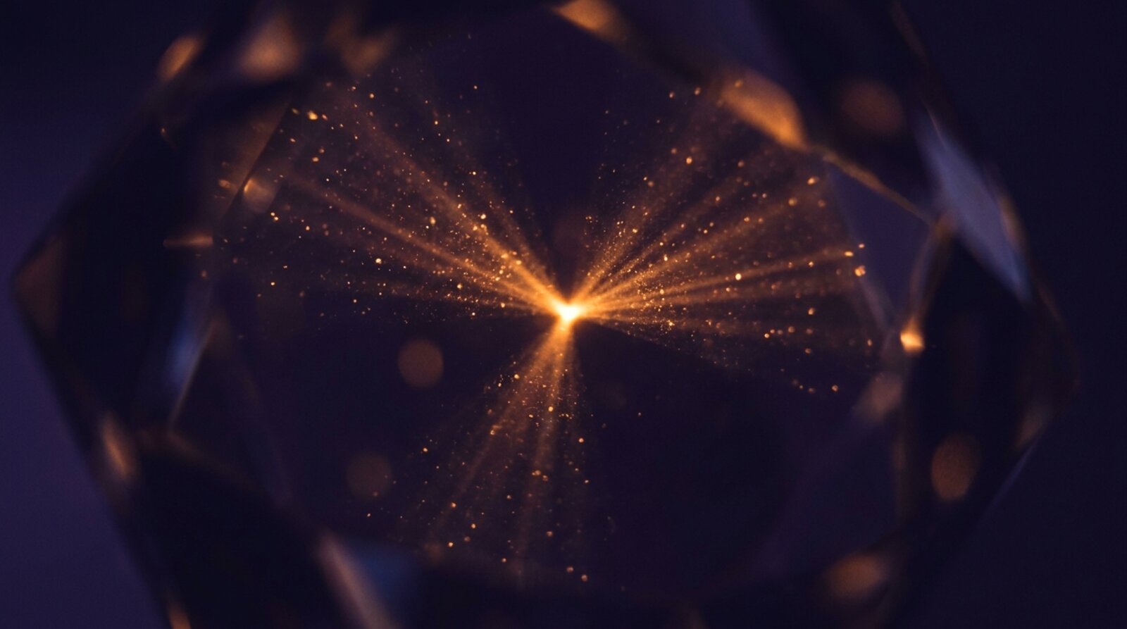 Scattered points of light converging through a prism to a single sharp point