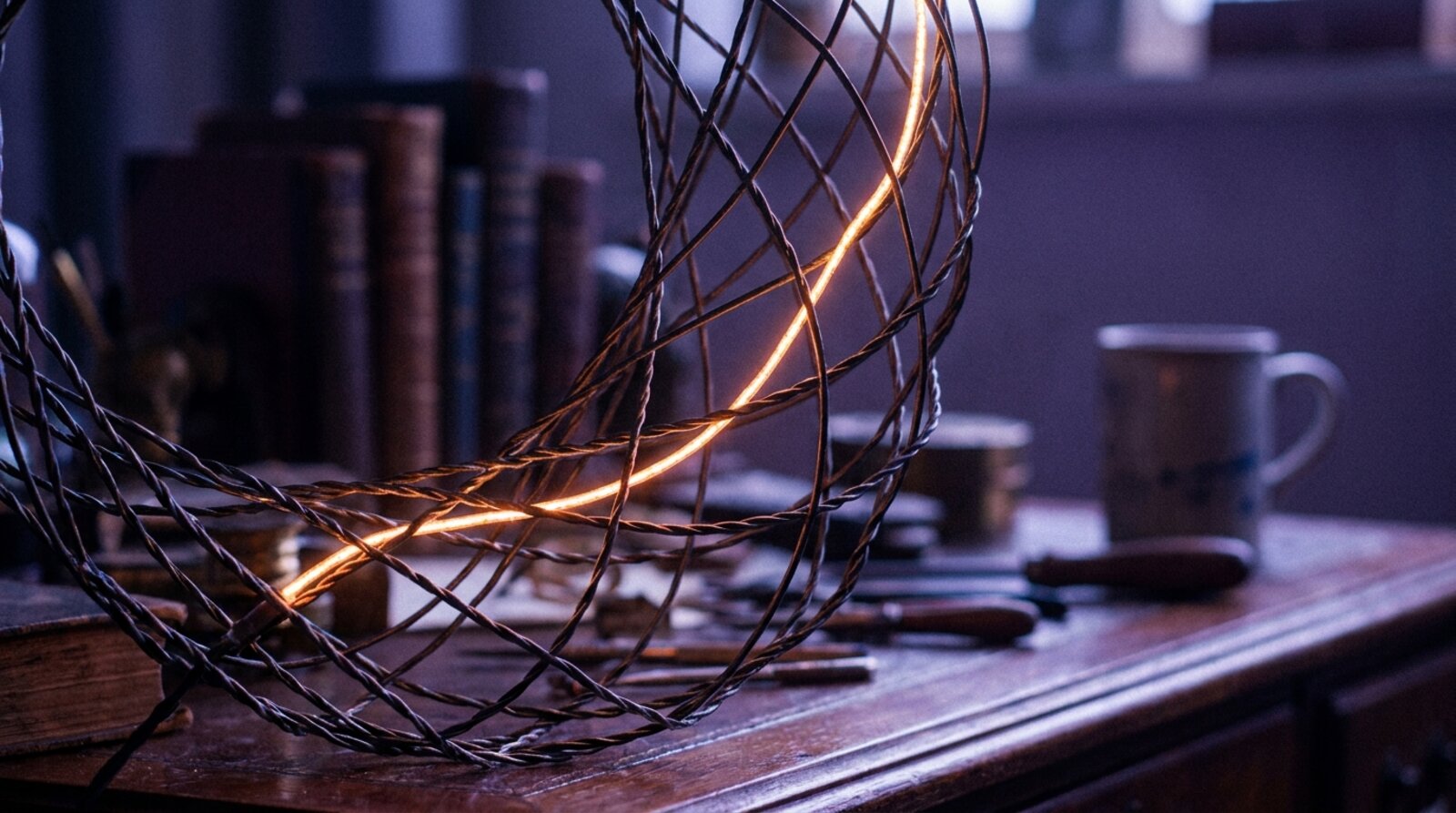 A single glowing filament woven through a dark wire lattice sculpture on a desk