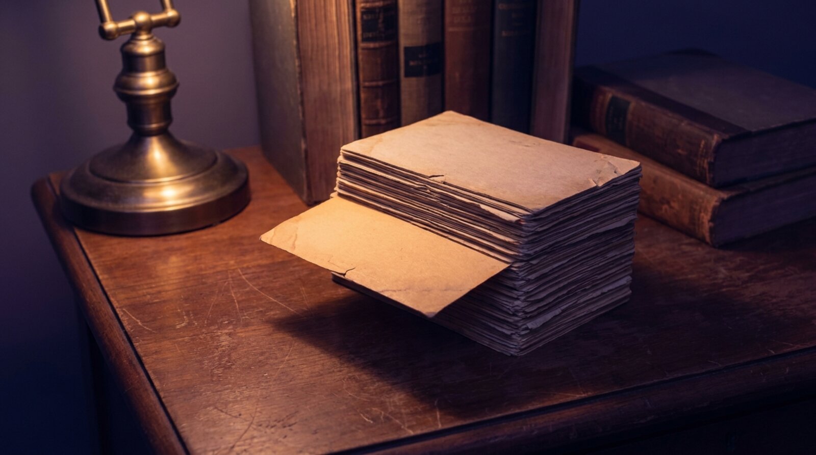 An index card pulled halfway from a stack of old library cards on a desk