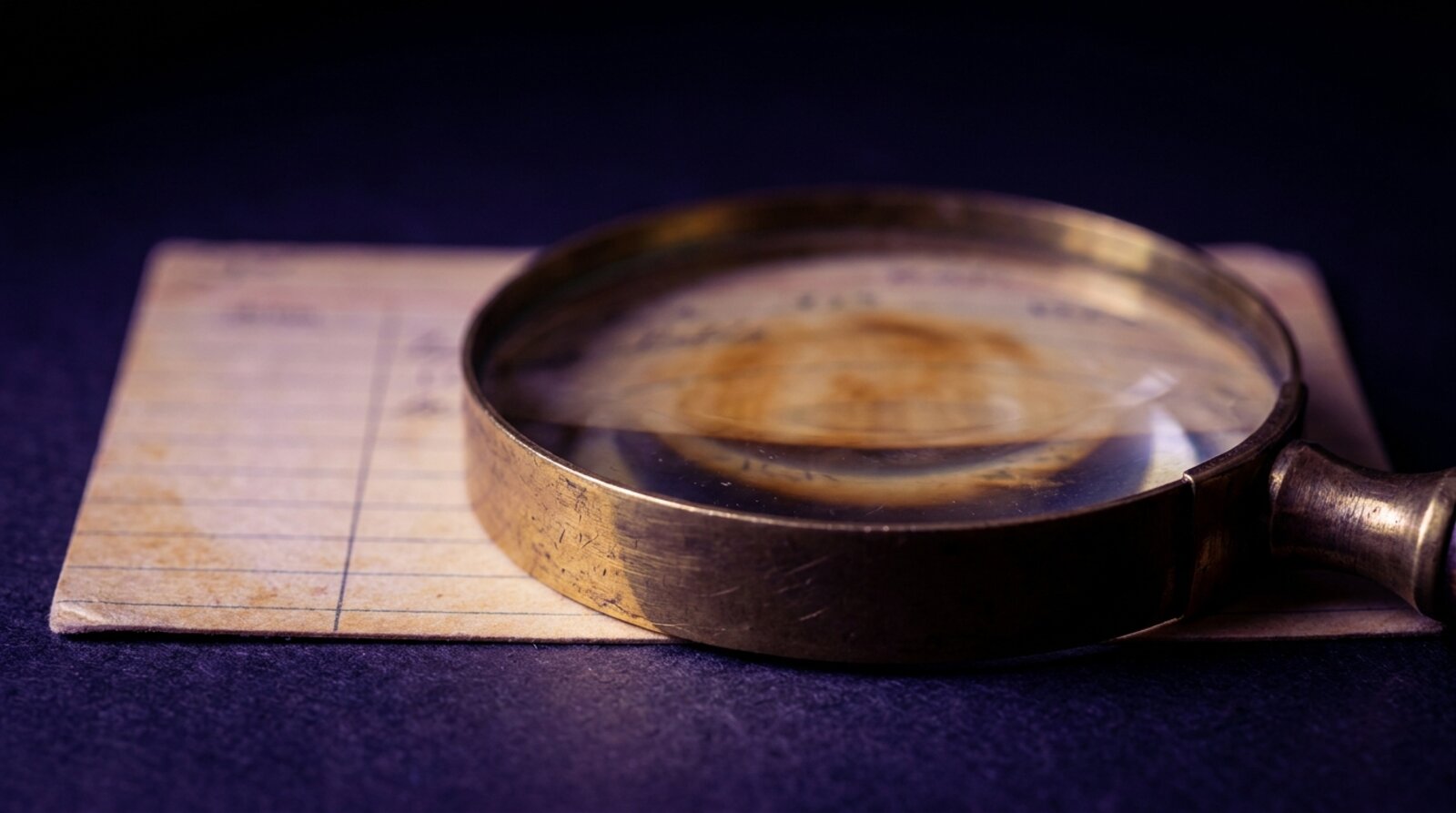 A magnifying glass held over an aged library index card, its printed lines dissolving into a smudge