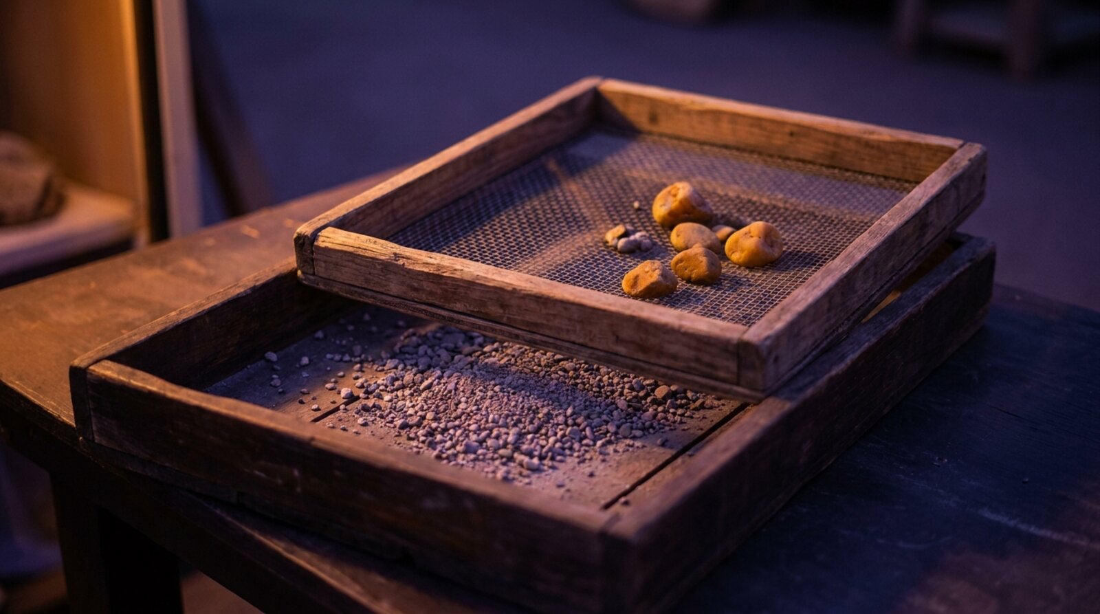 A wooden-framed sieve over a tray, fine gravel fallen through below and a few larger stones retained on the mesh
