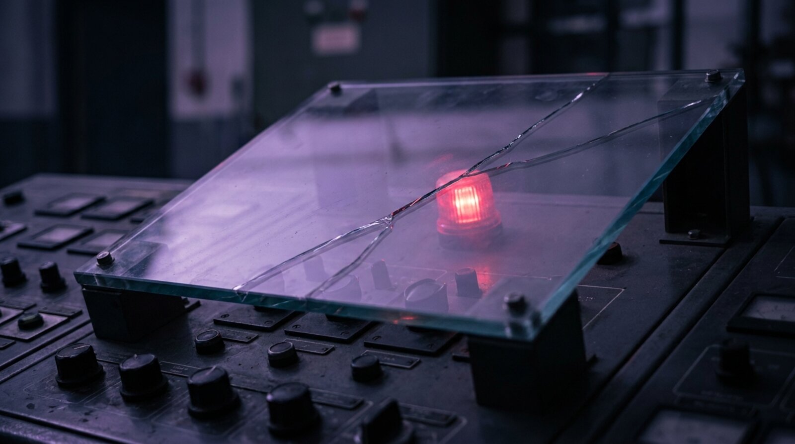 A cracked pane of glass over a control panel, a warning light glowing behind the break