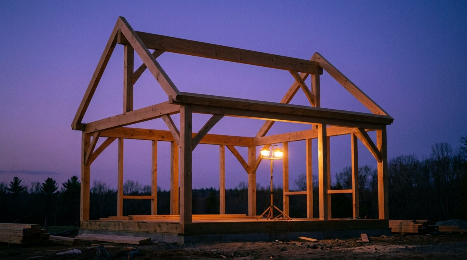A timber frame of a small building at dusk, structurally complete but empty, lit from within by a single work light
