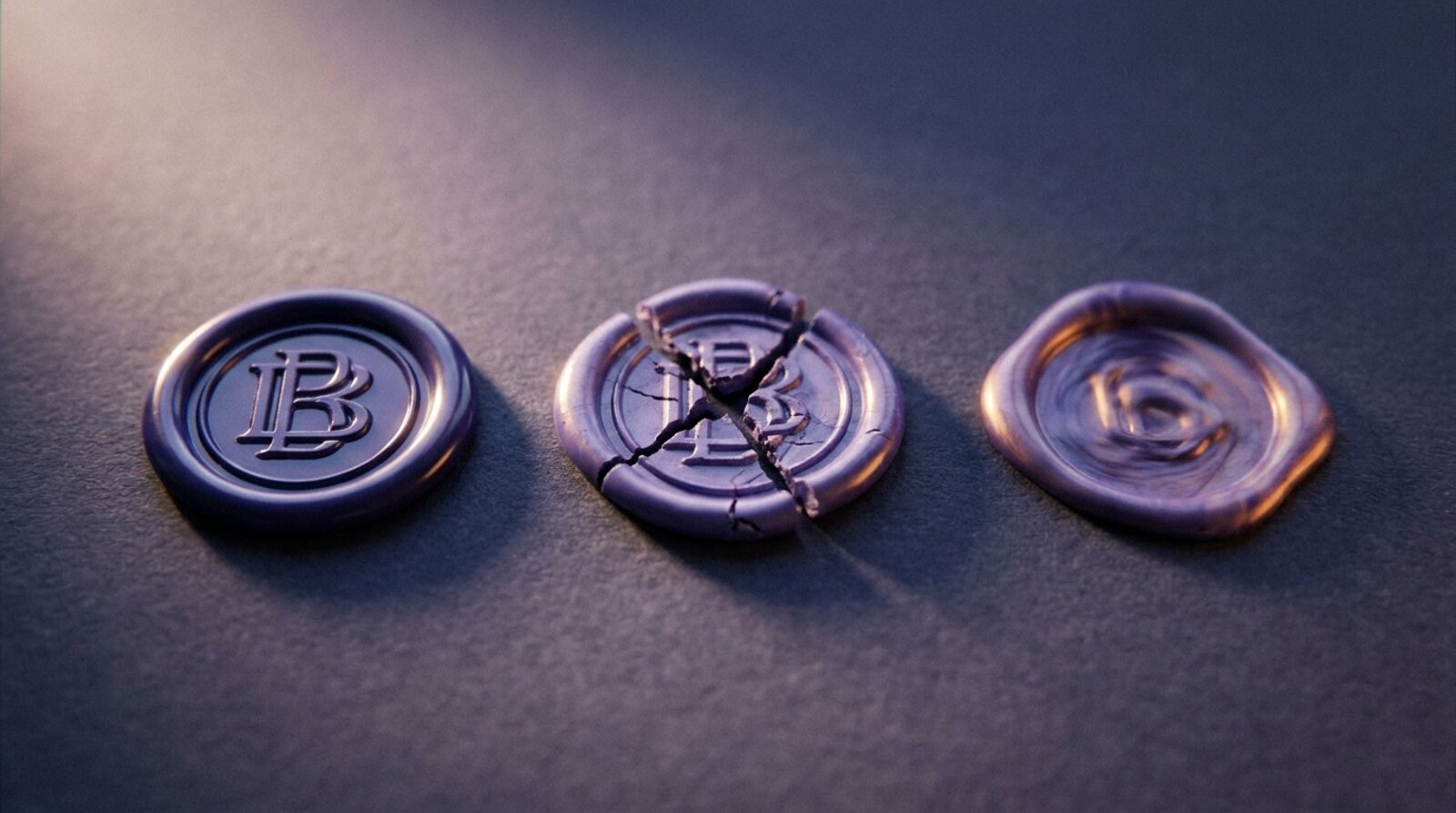 Three wax seals side by side, one intact, one cracked open, one half-melted