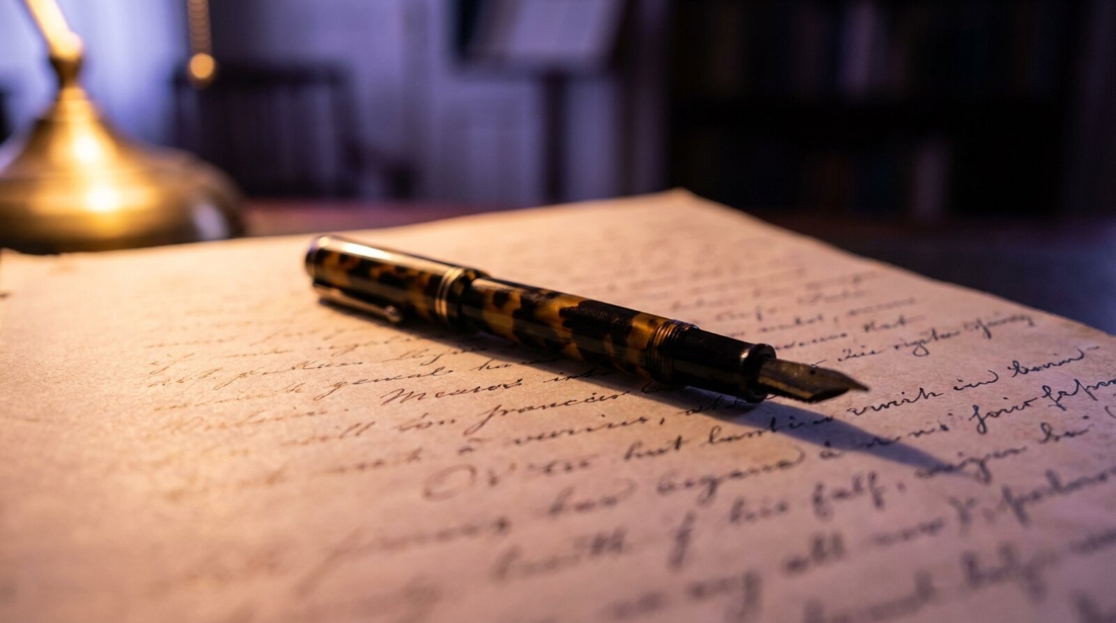 A fountain pen resting on a handwritten manuscript page