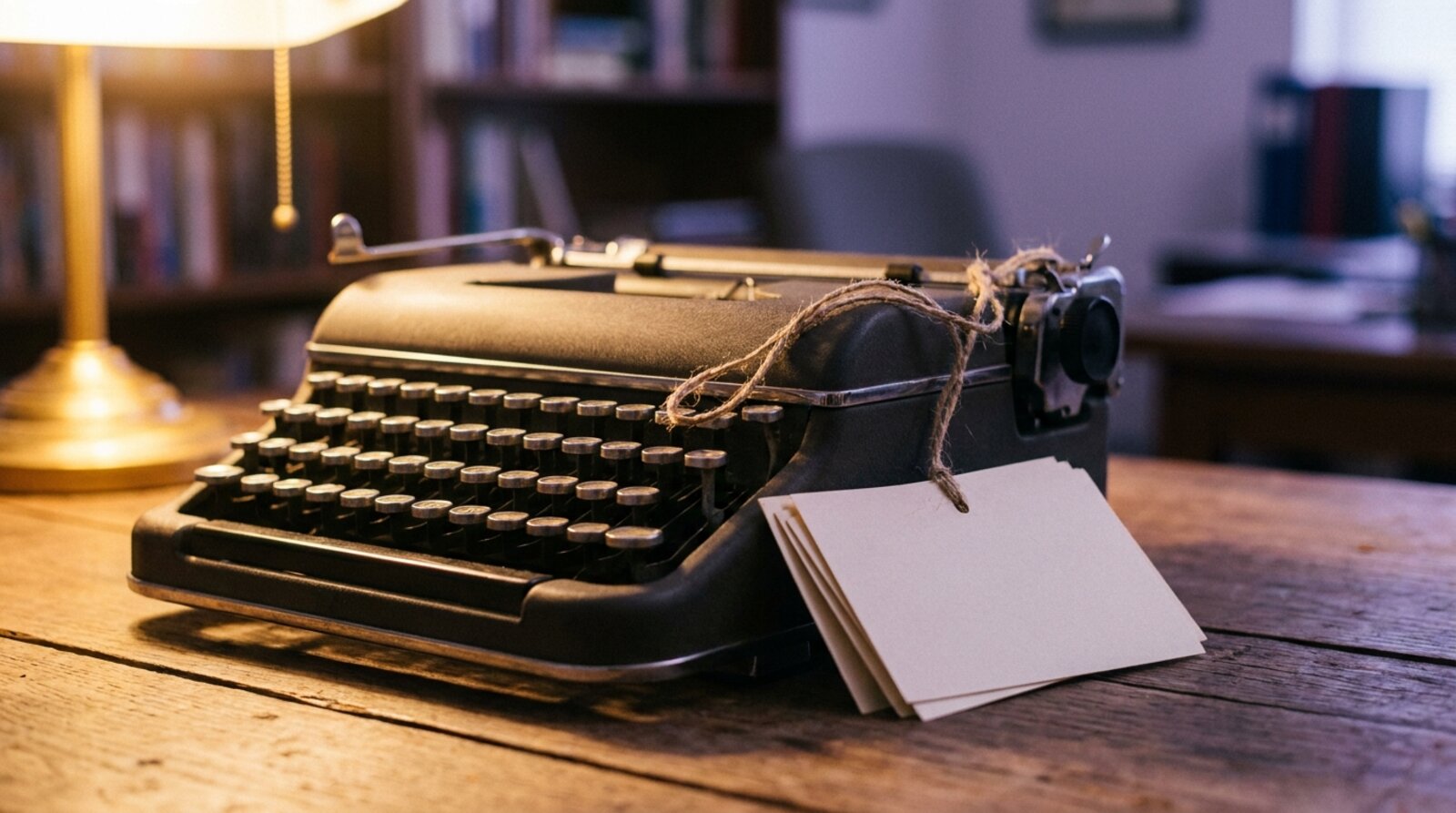 A vintage typewriter loosely tied by a string to a stack of index cards