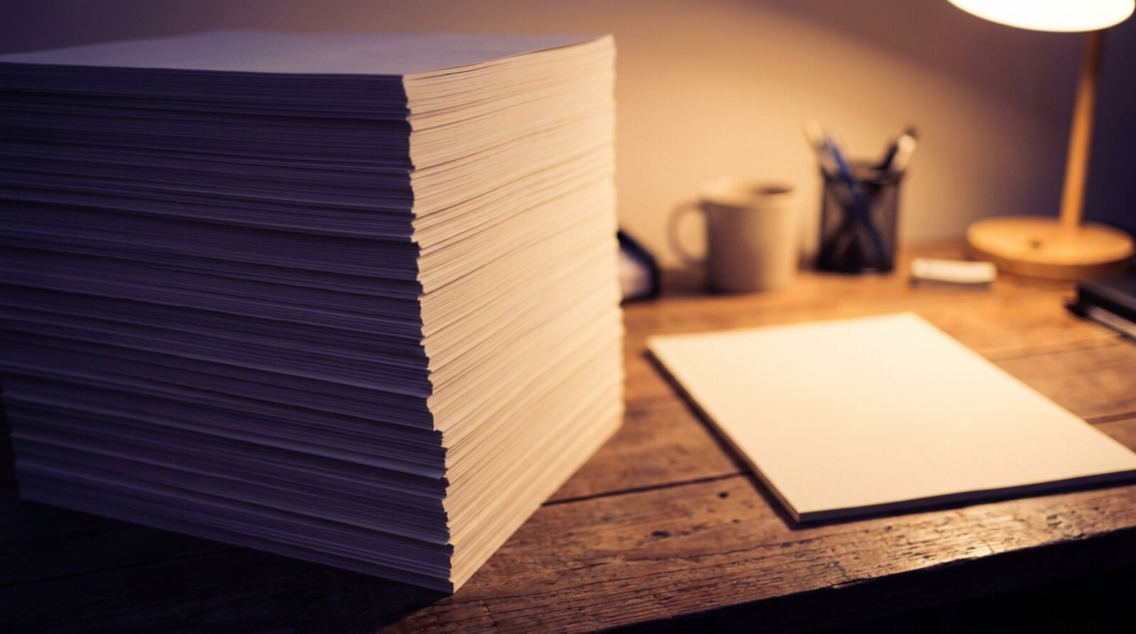 A tall stack of identical blank sheets in cool shadow beside one single sheet lit by warm lamp light