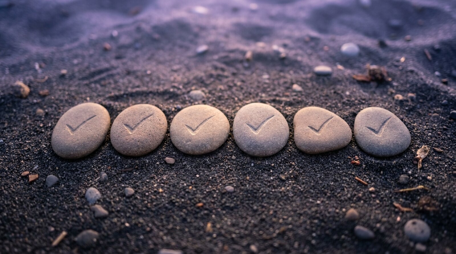 Six stones in a row on dark sand, each marked with a carved checkmark