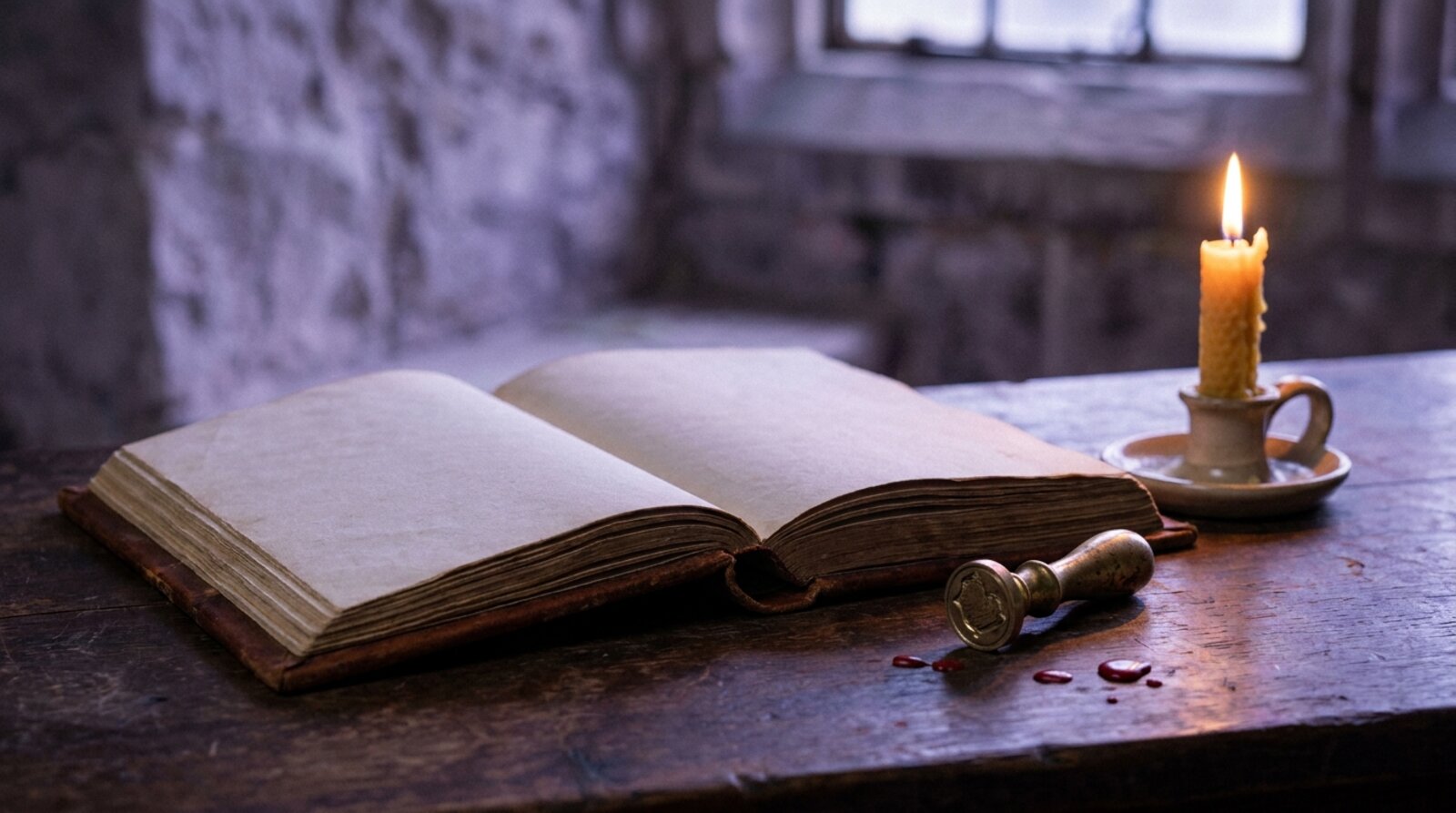 An open ledger beside a wax stamp and a lit candle on a dark wooden desk