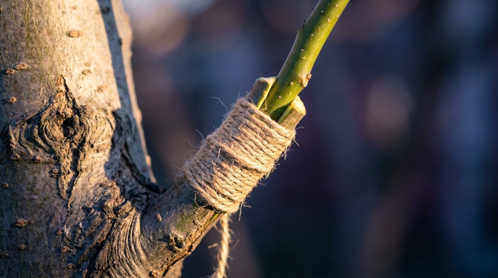 A young branch grafted onto an older trunk, the graft wrapped and lit